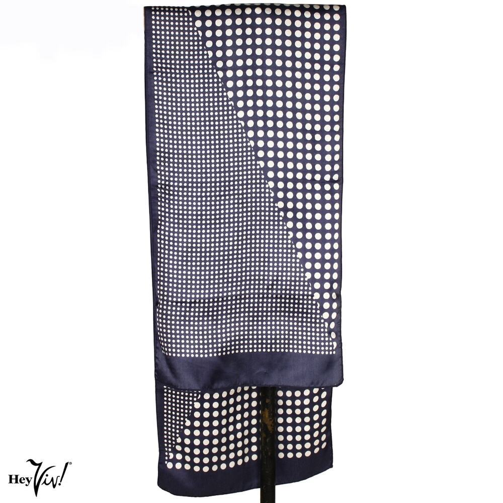 Vintage Morsly Italy Acetate Scarf Navy Polka Dot Geometric Long 10x46 - Hey Viv